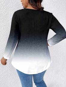 EMERY ROSE Plus Size Women Ombre Color Block V-Neck Long Sleeve T-Shirt - Multicolor - View 2