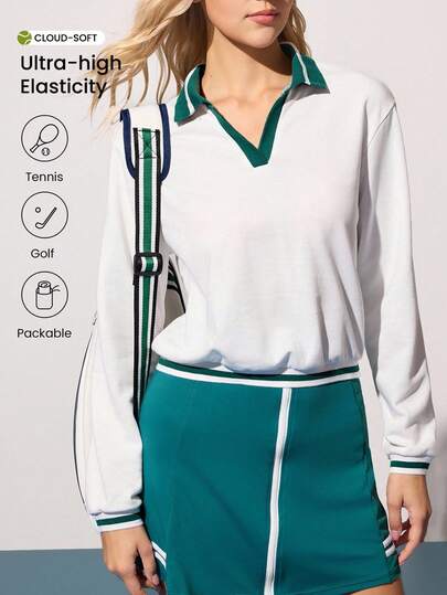 CourtClass 女士彩色罗纹 V 领 Polo 衫，宽松短款长袖，日常休闲运动服，适合网球、瑜伽