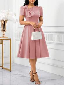 SHEIN Lady Vestido elegante de longitud media con mangas cortas abullonadas, cuello asimétrico y decoración de lazo de unicolor para mujer