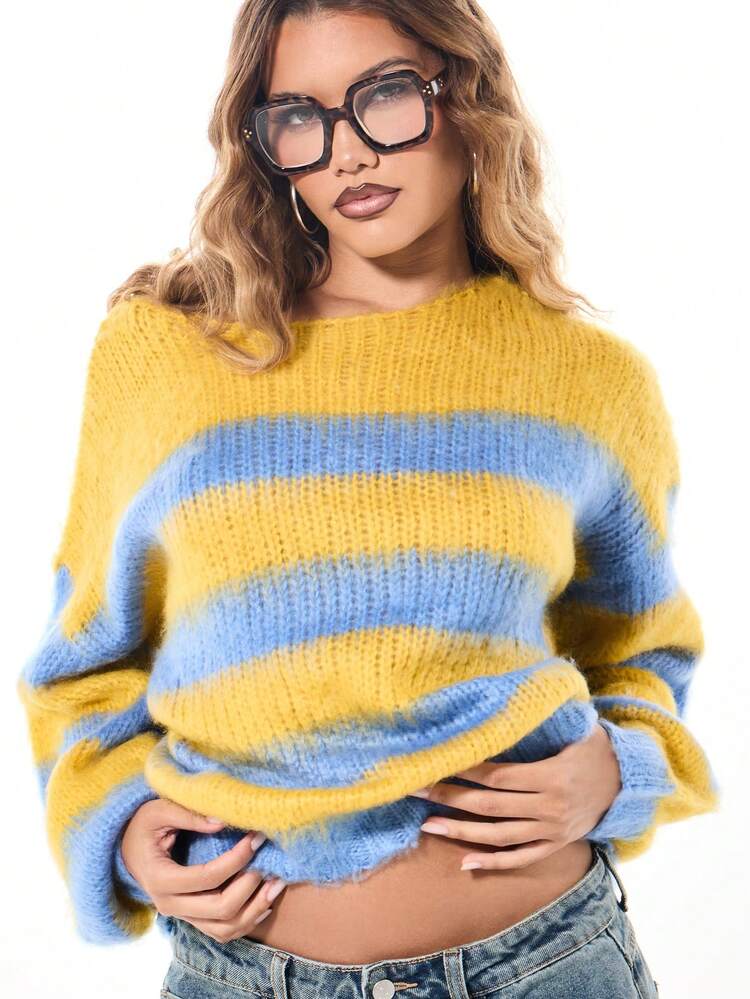 SUMWON Soft Chunky Knit Balloon Sleeve Oversized Sweater Thick Warm Color Block Fall Winter Pullover Jumper With Ribbed Cuffs And Hem Collegiate Knitwear