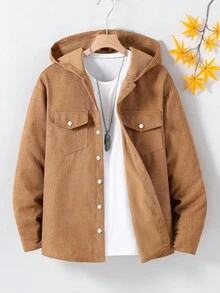 1pc Casual Hooded Corduroy Jacket For Teenage Boys, Khaki Color, Suitable For Autumn/Winter Casual And Daily Wear - Khaki - View 1