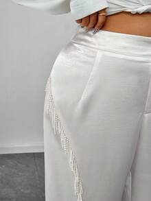 Elenzga Plus Size Women Shiny Sequin Party Pants - Beige - View 3