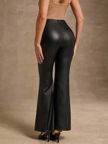 Glamine Women's Black Leggings, Slim Fit Flared Pants, High Stretch PU Leather Pants - Black - View 2