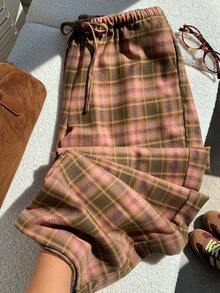 SHEIN EZwear 女式休闲格子抽绳腰长裤，秋冬 - 彩色 - 查看 3