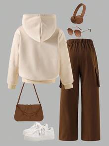 2 Stücke Mädchen Hoodie Sweatshirt mit Buchstaben-Muster + grüne Cargohose, lässiger Streetstyle Outfit, Herbst/Winter - Braun - Übersicht 2