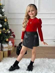 Serisse Kids Conjunto de 2 peças de camiseta de manga comprida com estampa de borboleta e shorts-saia pretos, elegantes e elegantes para meninas, roupa casual de outono, vintage elegante, adequada para festas, Natal, baile de Ano Novo, inverno - Vermelho - Ver 6