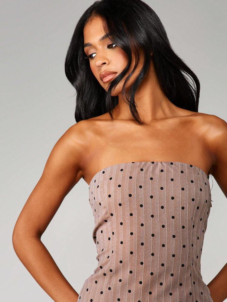 MISSGUIDED Pinstripe Polka Dot Bandeau Corset Style Strapless Top Evening Party Wear Summer Fashion Casual Longline Bustier
