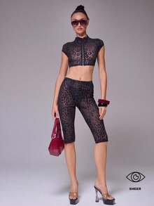 MUSERA Flocked Leopard Mesh Fitted Capri Trousers Leopard Print Cool Girl, Fall, Going Out, Sexy, Women's  Costume Elegant Party Winter - Multicolor - View 1