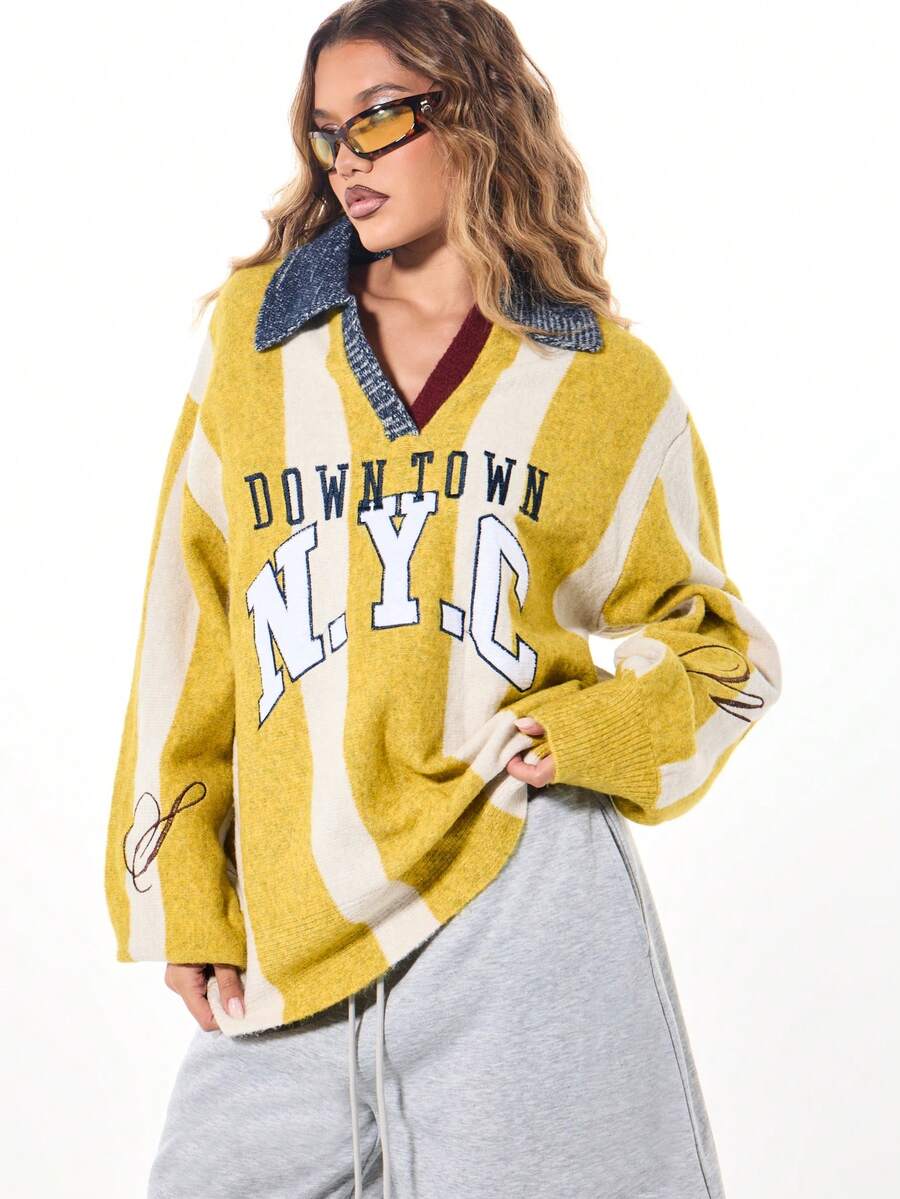 SUMWON WOMEN Downtown NYC Varsity Knit Sweater Letterman Collegiate Style Denim Collar Retro Classic Outerwear College Fashion Winter Fall