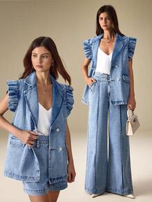 Selenza Veste en jean décontractée pour femme avec manches à volants