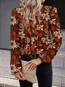 SHEIN Clasi 复古花卉V领长袖女式衬衫，适合秋冬季 - 彩色 - 查看 4