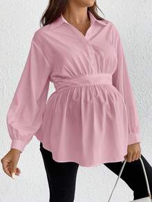 SHEIN Áo sơ mi dài tay tối giản màu trơn dành cho bà bầu, mặc hàng ngày - Hồng - Xem 6