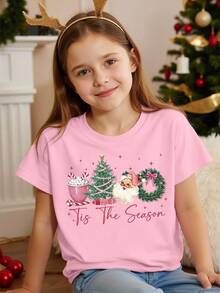 Merry Christmas Tween Girl Christmas Outfit - Fashionable, Unique, Fresh, Cute Christmas Tree, Bow, Santa Claus, Candy Cane, Letter Graphic Print Short Sleeve T-Shirt, Suitable For Christmas Party Christmas Clothes For Girls Pink Tops For Kids Christmas T-Shirt Girl T Shirt For Girls Girls Christmas Shirt