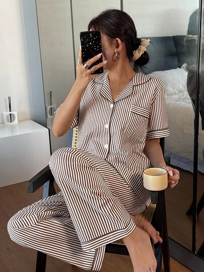 Gestreepte Collar Short Sleeve Pajama Set Curve Pyjama Women Dress Sleep Wear Coffee Woman