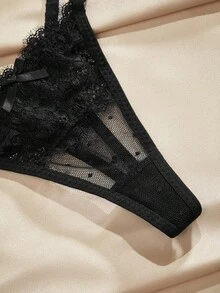 Charlaine 花卉蕾丝丁字裤性感内衣 - 黑色 - 查看 5