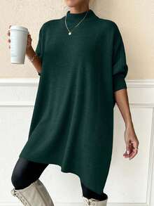Women Solid Color Mock Neck Half Sleeve Oversize Pullover - Dark Green - View 6