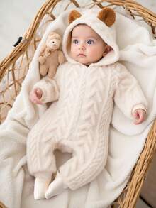 SHEIN 女婴可爱休闲针织提花羊毛连帽连体衣，秋冬 - 米色 - 查看 1