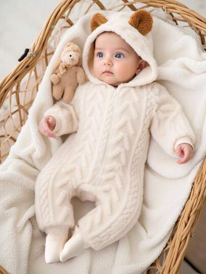SHEIN Baby Girls' Cute Casual Knitted Jacquard Fleece Hooded Jumpsuit, Autumn/Winter