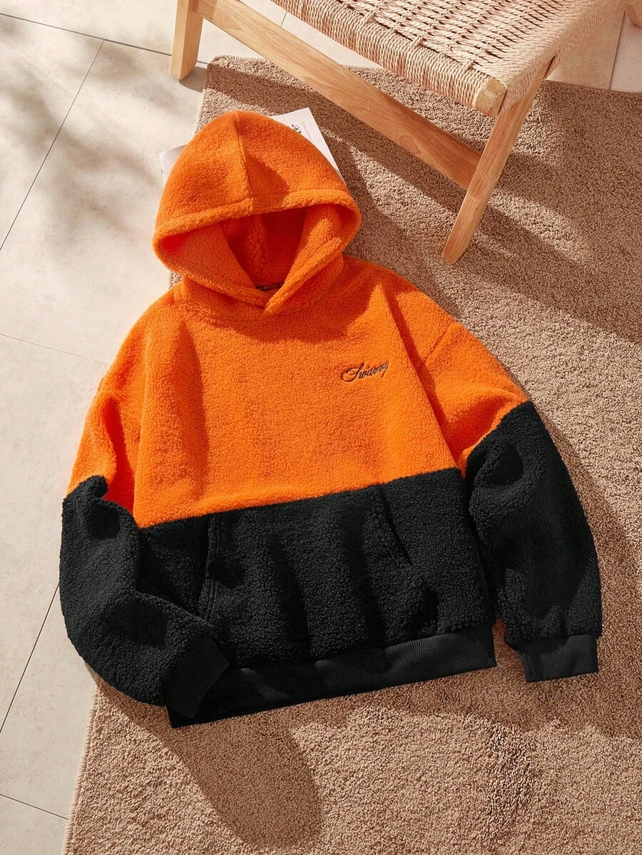 Mainfolk 男士休閒刺繡連帽衛衣，橘色與黑色拼接復古 Y2K 寬鬆街頭風，適合秋冬假期 - 彩色 - 查看 1