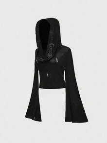 ROMWE Áo len dệt kim tay loe ngắn thêu họa tiết phong cách Gothic Boho dành cho nữ - màu đen - Xem 3