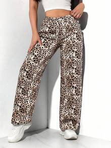 SHEIN PETITE Women's Leopard Print Straight Loose Fit Versatile Denim Jeans