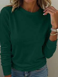 EMERY ROSE A Large-Sized Dark Green Round-Neck Long-Sleeved T-Shirt, Comfortable And Versatile - Dark Green - View 1