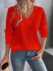 EMERY ROSE 女式休闲纯色V领落肩长袖T恤 - 橘色 - 查看 3