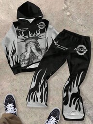 SHEIN Bolty Teen Boy Casual Abstract Flame Pattern Hoodie And Flare Pants Set