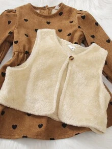 Toddler Girls' Solid Color Fluffy Jacket And Polka Dot Casual Dress Set, With Convenient Button Front And Cuff Design, Fashionable Appearance, Suitable For Spring And Autumn, Suitable For Toddlers, Solid Color, Long Sleeve, Fluffy, Elastic Waist, Suitable For Outdoor, Please Select According To Our Size Chart - Multicolor - View 7