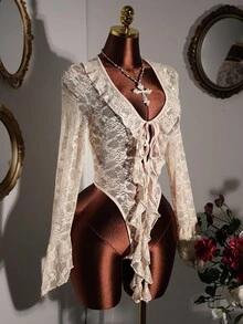 Y2K Amplova 浪漫圣诞新年感恩节派对女士蕾丝拼接巴洛克风格透视深V领系带连体衣