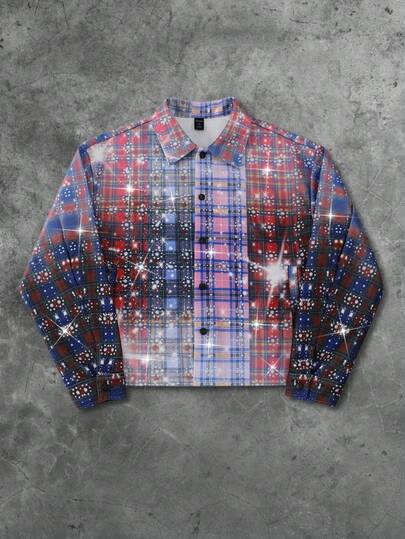 Street Life Veste à carreaux épaisse pour hommes avec effet de strass, style streetwear pour l'automne/l'hiver