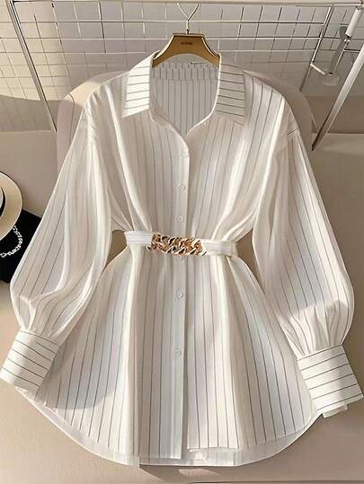 GlowEve CURVE Chemise ample à manches lanternes avec ceinture à chaîne, imprimé rayé, pour femmes grandes tailles, style décontracté/bureau, printemps/automne