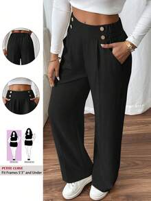 SHEIN PETITE CURVE Elegante Pendlerhose mit geradem Bein und Doppelschnalle für Damen in Große Größen - Schwarz - Übersicht 1