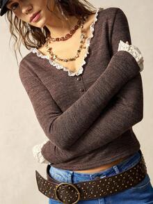 Bohemela Women's Solid Color V-Neck Long Sleeve Cropped T-Shirt, Casual For Autumn, Winter, Halloween, Music Festivals,Brown Top - Brown - View 3