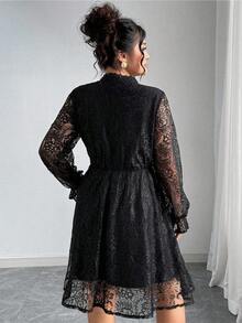SHEIN Tall CURVE Đầm ren dài tay phong cách Pháp thanh lịch dành cho nữ cỡ lớn - màu đen - Xem 2