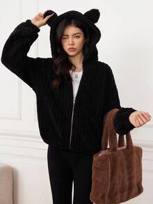 SHEIN Teen Girls Autumn And Winter Casual Black Solid Double-Faced Fleece Mid-Weight Hooded Jacket With Cute Ear Shape Details, Suitable For Halloween, Christmas, Spring Festival, Girls' Jacket - Black - View 1