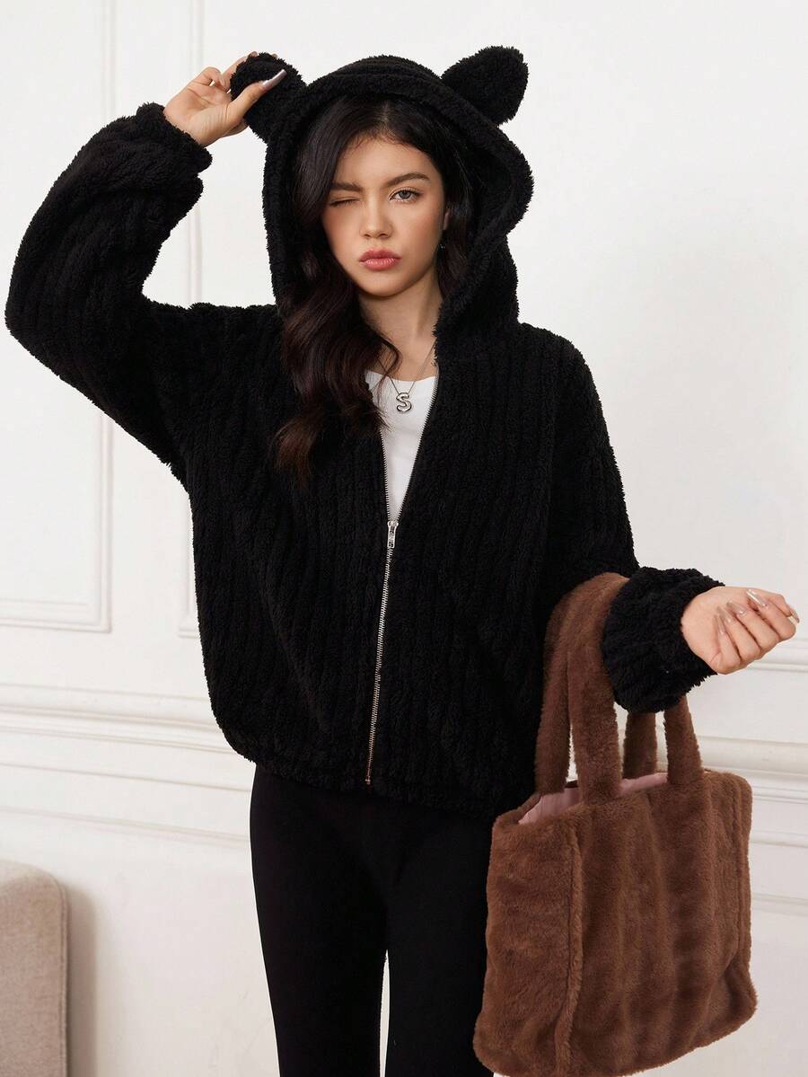 SHEIN Teen Girls Autumn And Winter Casual Black Solid Double-Faced Fleece Mid-Weight Hooded Jacket With Cute Ear Shape Details, Suitable For Halloween, Christmas, Spring Festival, Girls' Jacket - Black - View 1