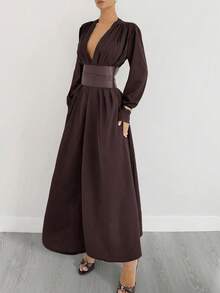 Siren Gaze Elegante ropa de otoño marrón para mujeres, nuevo vestido largo con cintura ceñida de cuello en V profundo y cinturón de PU con estilo de dinero viejo de lujo para ropa de invierno para mujeres, adecuado para trabajo, casual de negocios, fiesta, Halloween, Navidad, Acción de Gracias, Año Nuevo, vestido de fiesta largo y elegante casual para otoño e invierno