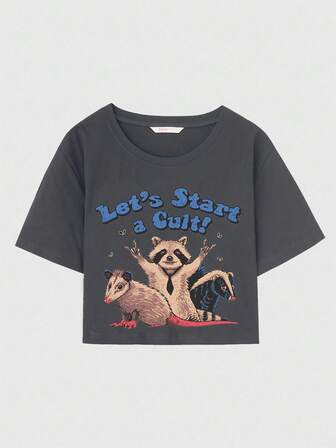 Vincenttrinidadart T-shirt à col rond à manches courtes imprimé raton laveur et lettres, décontracté, pour femme, été