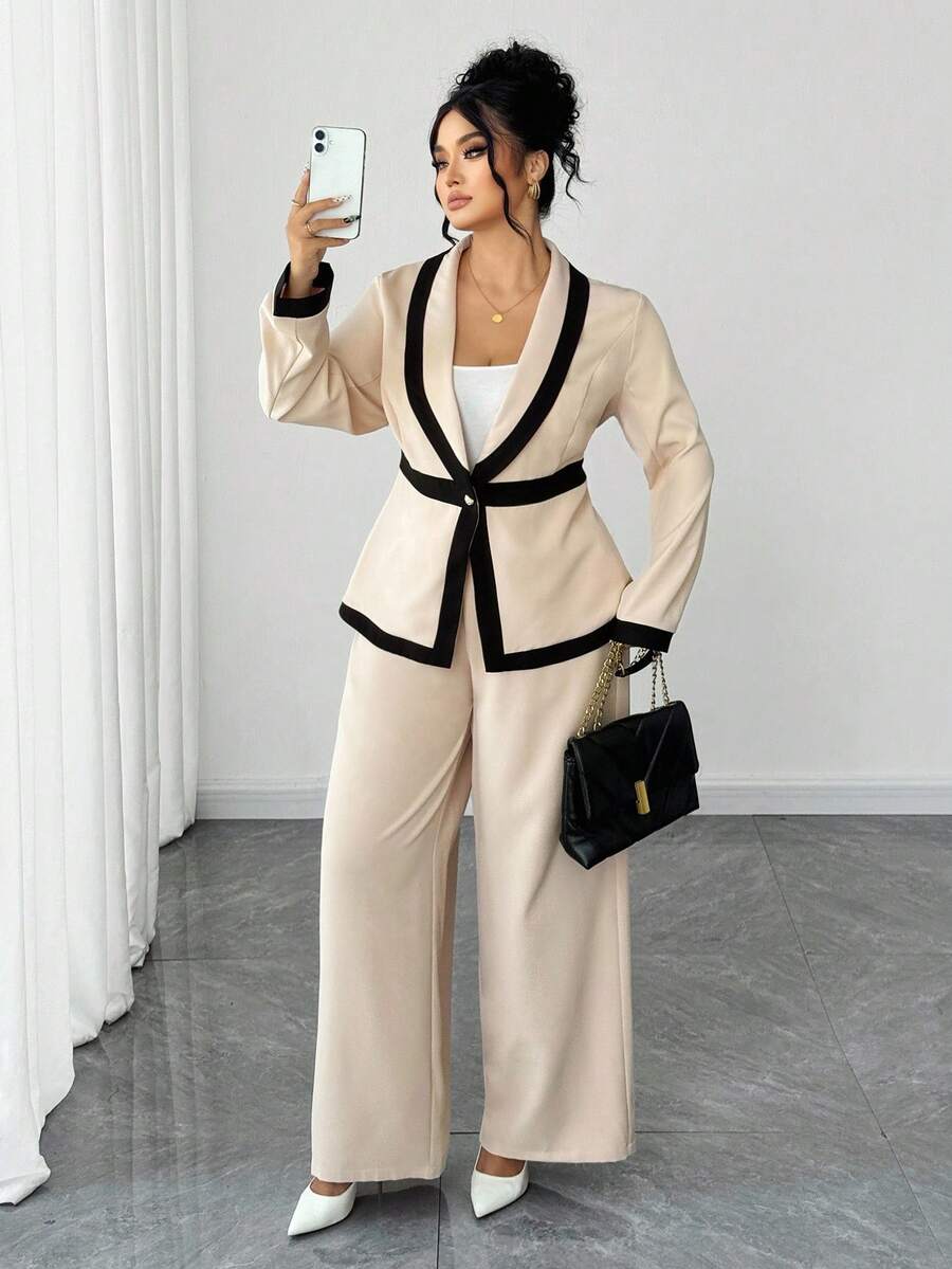 Elenzga Conjunto de 2 piezas de chaqueta y pantalones de manga larga de contraste de color elegante, versátil y de alta gama para mujeres de talla grande - Caqui - Ver 1