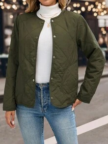 EMERY ROSE Abrigo acolchado con botones para mujer, cálido para otoño/invierno - Verde militar - Ver 4