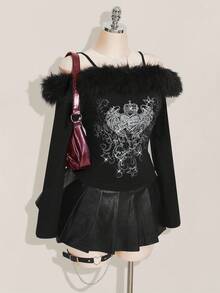 SHEIN ICON 女式加大码复古朋克性感 Y2K 短款上衣，罗纹拼接露肩长袖修身 T 恤，秋冬