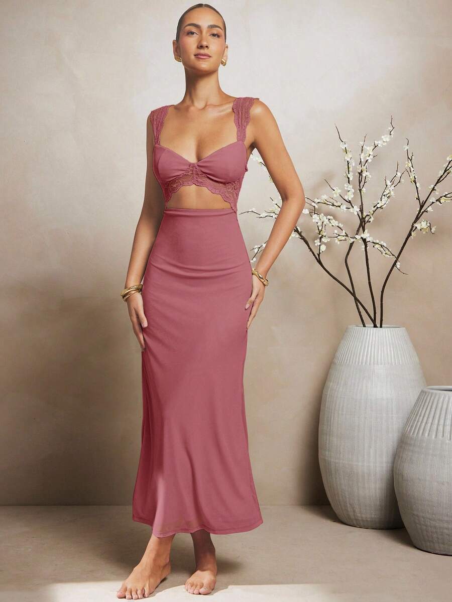 L'Amorae Váy Maxi Không Tay Cắt Lưới Ren Thanh Lịch - Red Plum - Xem 1