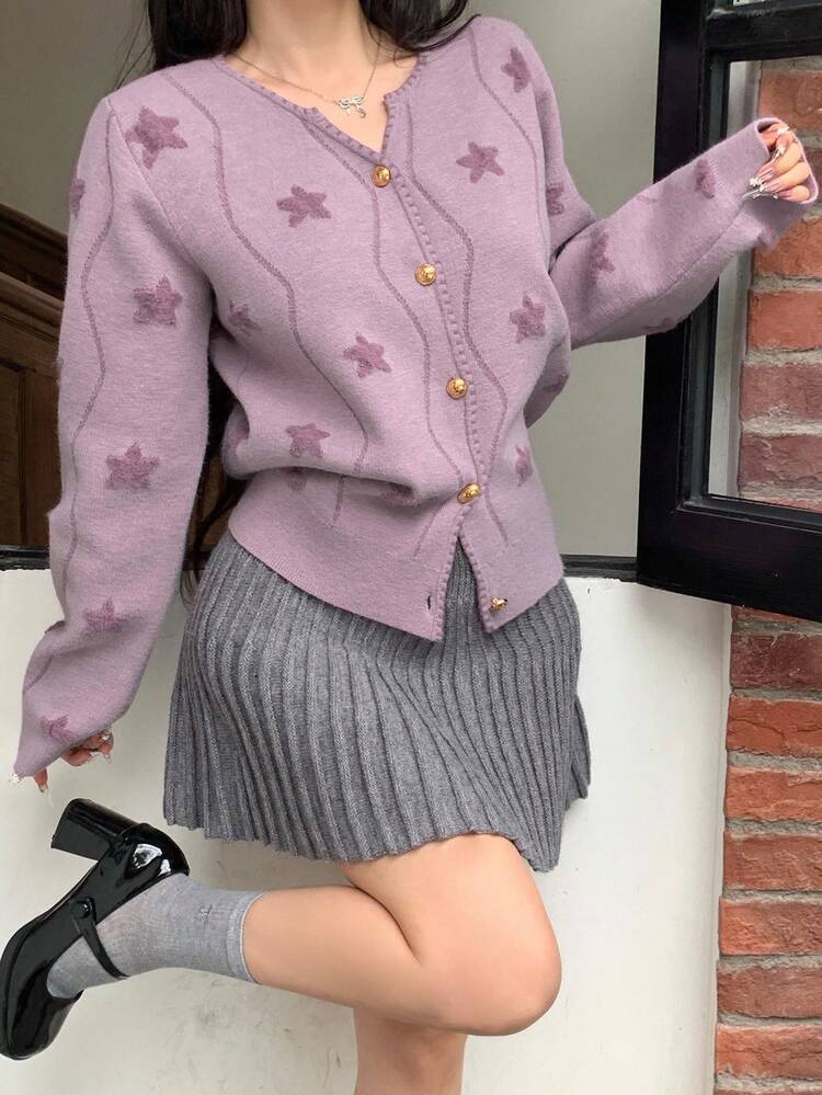 Women's Loose Business Casual Fashion Star All-Over Print, Fine Striped Color Block, Metal Button Decor Knit Cardigan, Suitable For Autumn & Winter