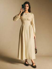 Poéselle Leinenkleid, Langarmkleid, Maxikleid, Damen-Maxikleid mit langen Ärmeln und Empire-Taille – Cottagecore-Präriekleid mit Puffärmeln, Cottagecore-Kleid, Präriekleid, Maxikleid mit Puffärmeln, Empire-Taille-Kleid, neutrale Ästhetik, langes Herbstkleid, Vintage-inspiriertes Kleid, einfarbiges Damenkleid mit Rundhalsausschnitt, Laternenärmeln und taillierter Taille, elegant, geeignet für den Alltag, zum Ausgehen, Pendeln, für den Urlaub, zu Hause und andere Anlässe, Herbst/Winter - Khaki - Übersicht 3