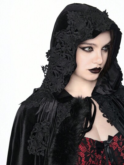 Goth Cape à capuche en velours et dentelle gothique vintage, grande taille, automne/hiver