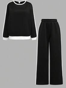 2 件套青少年女孩休闲运动家居服运动衫和阔腿运动裤套装，拼色超大圆领长袖连帽衫和裤子返校装，黑白