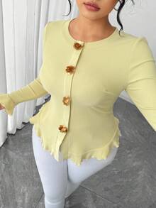 Elenzga Áo thun tay dài họa tiết hoa 3D thường ngày/công sở cỡ lớn cho nữ, màu vàng - Màu vàng - Xem 6