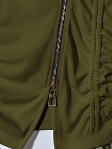 Franclia Áo thun nữ tay dài màu trắng cổ bẻ lệch màu thời trang kiểu Pháp sang trọng, khóa kéo kim loại, màu trắng, mùa xuân/thu - xanh quân đội - Xem 6