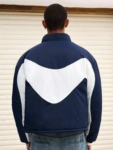 SWAVVY Men's Contrast Color Zipper Front Casual Loose Winter Jacket - Blue and White - View 2